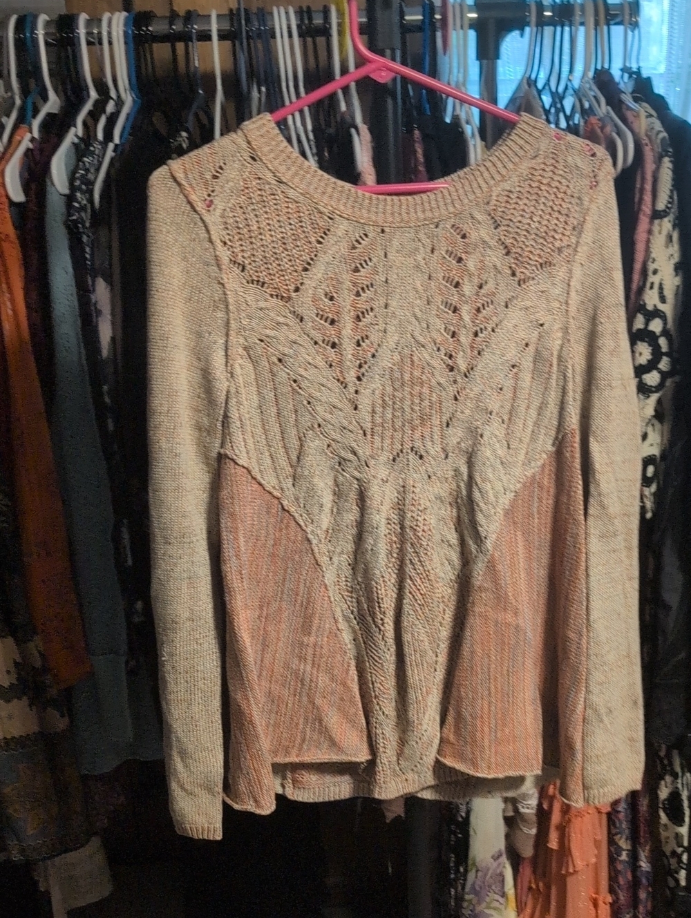 Moth Beige and Blush Lace-Knit Scoop Neck Sweater EUC